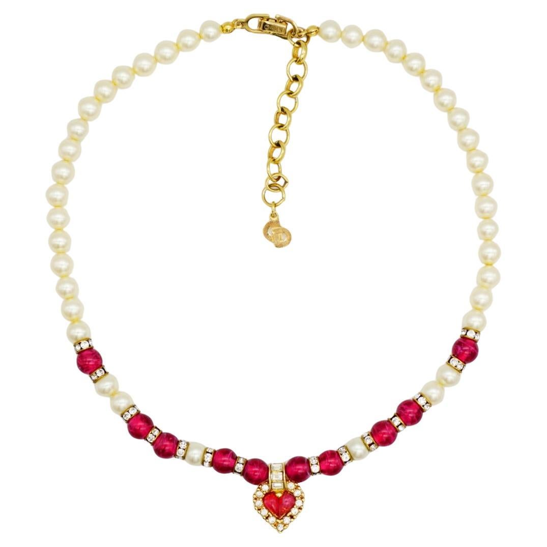 Christian Dior Vintage 1980 Ruby Heart White Pearls Rectangle Crystals Necklace