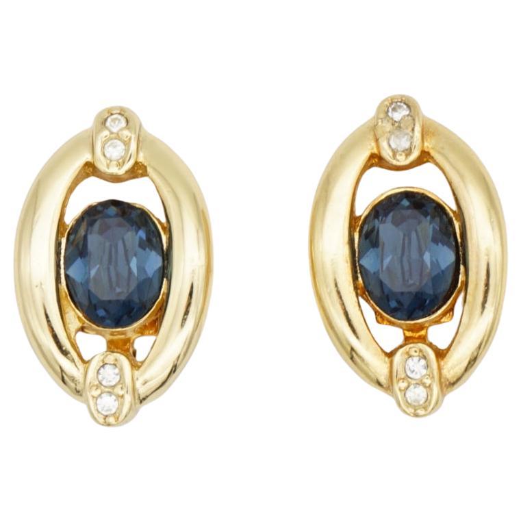 Christian Dior Vintage 1980 Sapphire Oval Clear Crystals Openwork Clip Earrings
