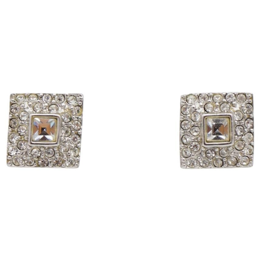 Christian Dior Vintage 1980 Sparking Whole Crystal Cube Square Pierced Earrings