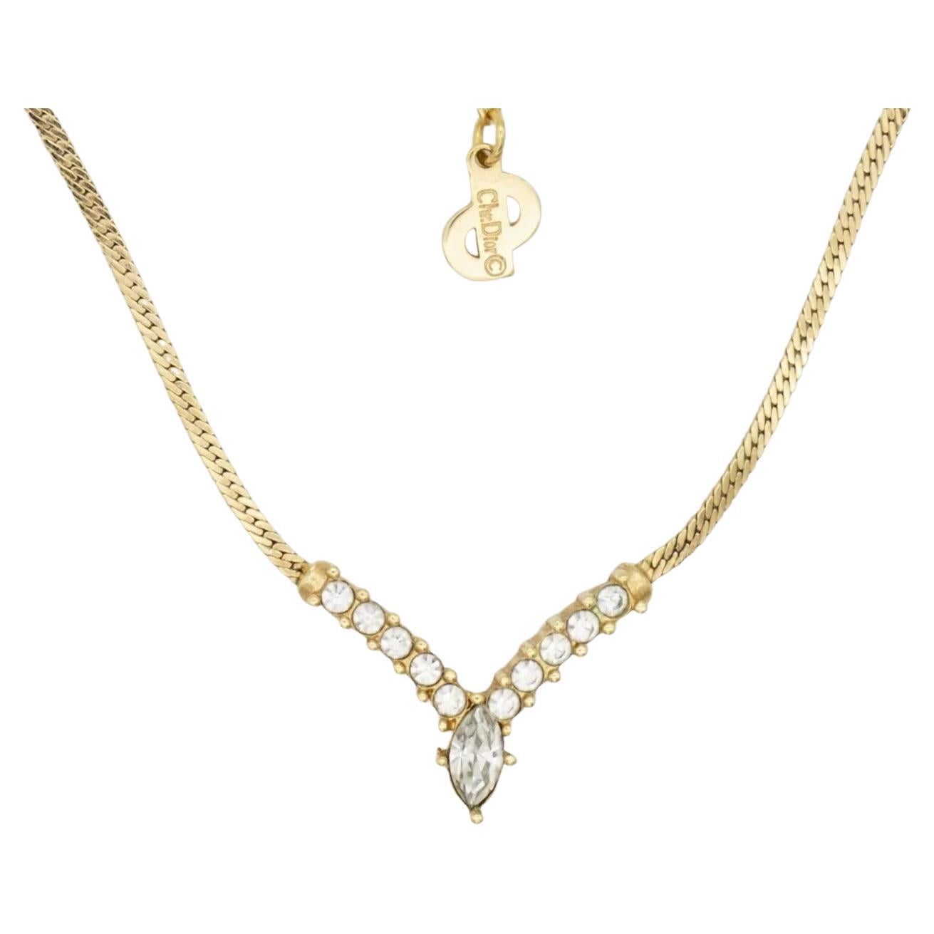 Christian Dior Vintage 1980 Sparkling Crystals Oval Triangle V Pendant Necklace