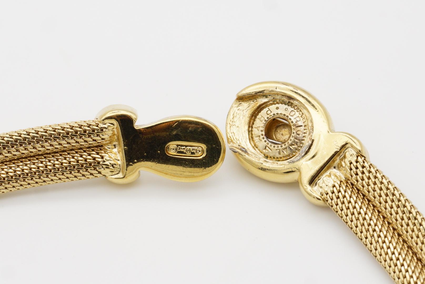 Christian Dior Vintage 1980 Swirl Oval Crystal Button Omega Snake Mesh Necklace For Sale 7