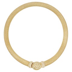 Christian Dior Vintage 1980 Swirl Oval Crystal Button Omega Snake Mesh Necklace