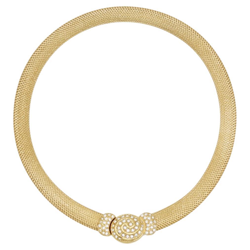 Christian Dior Vintage 1980 Swirl Oval Crystal Button Omega Snake Mesh Necklace For Sale