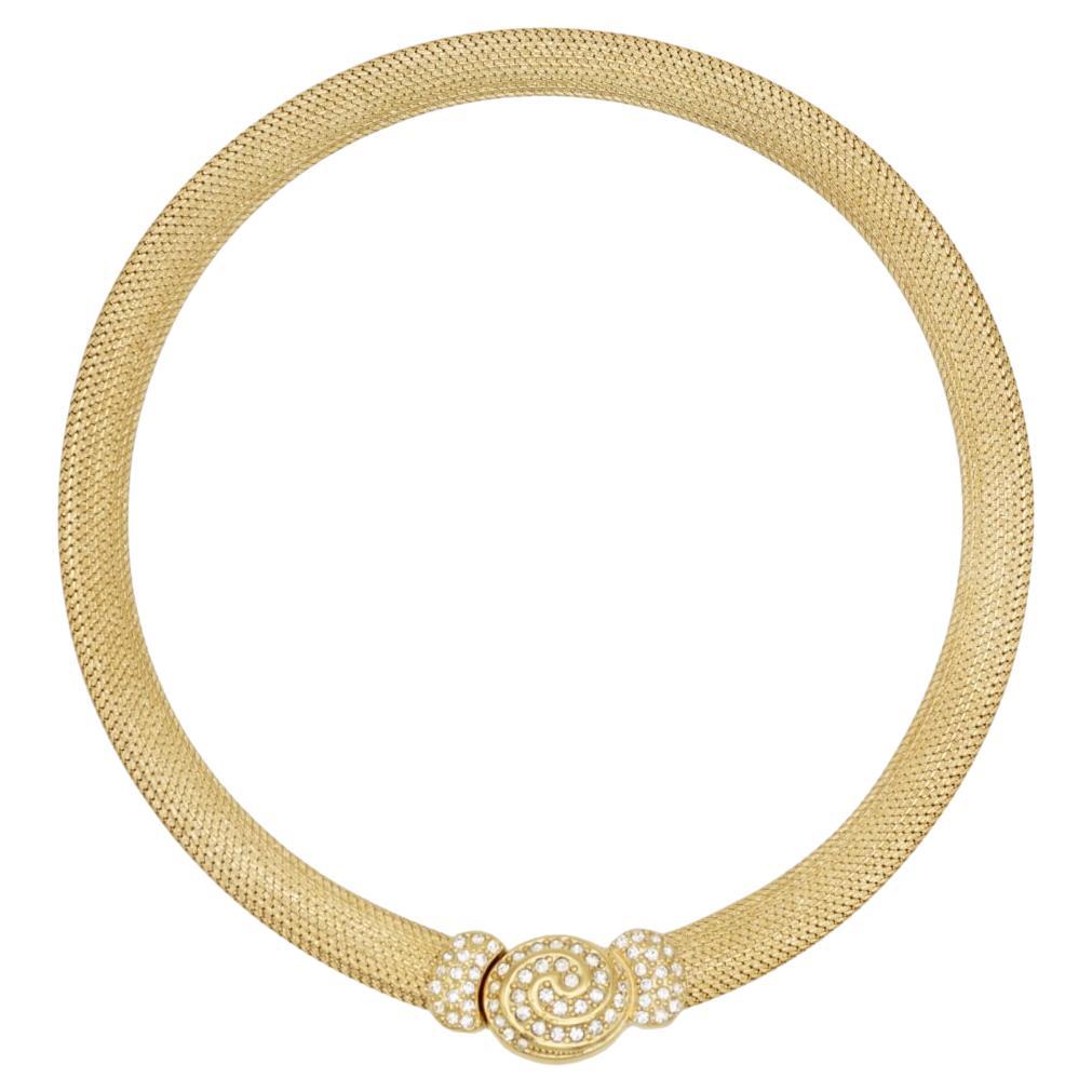 Christian Dior Vintage 1980 Swirl Oval Crystal Button Omega Snake Mesh Necklace For Sale