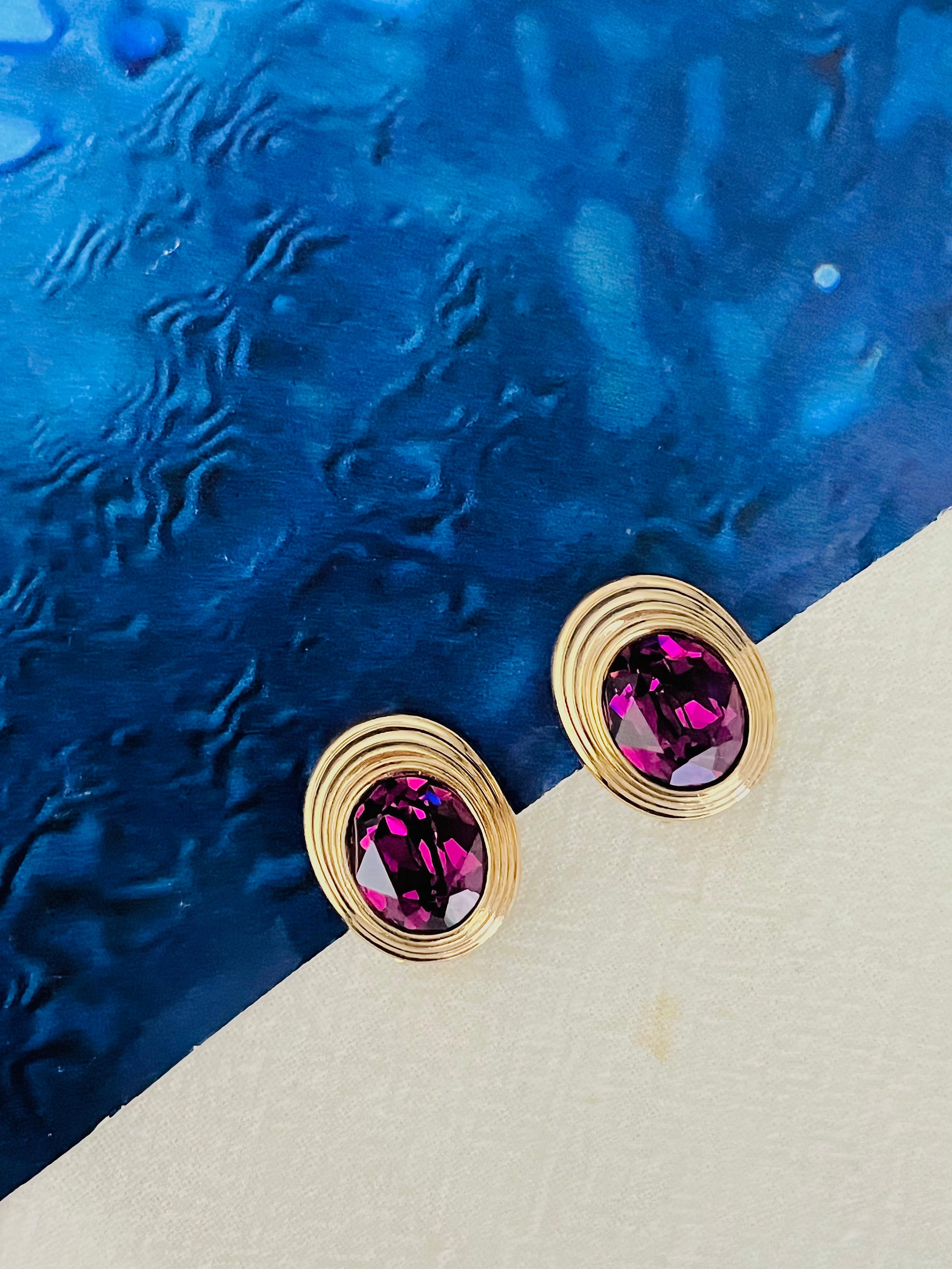 Art Deco Christian Dior Vintage 1980 Textured Oval Amethyst Purple Crystal Clip Earrings For Sale