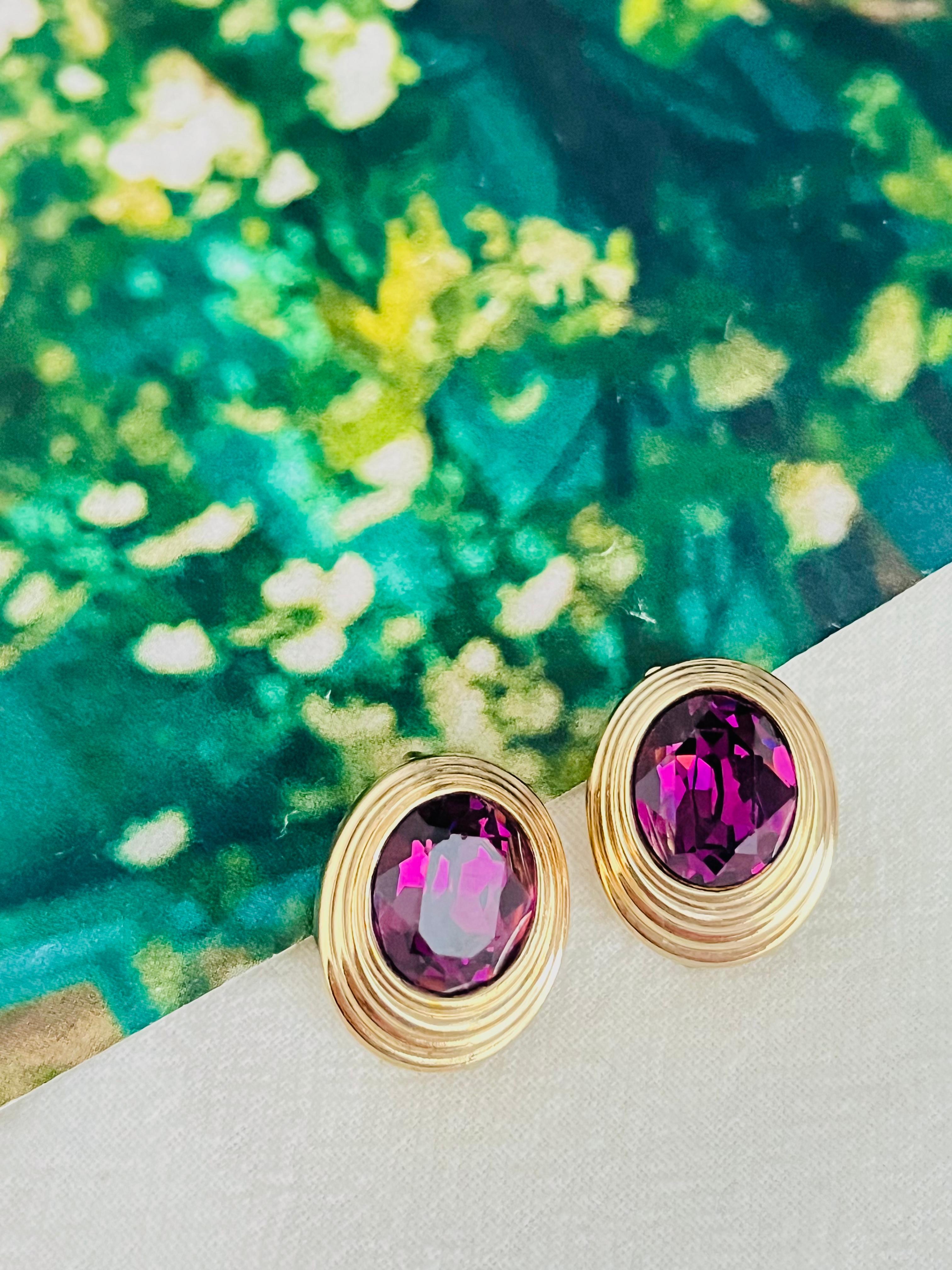 Women's or Men's Christian Dior Vintage 1980 Textured Oval Amethyst Purple Crystal Clip Earrings