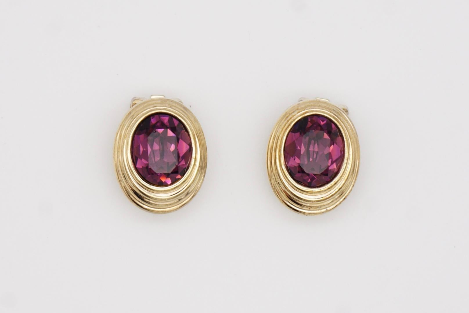Christian Dior Vintage 1980 Textured Oval Amethyst Purple Crystal Clip Earrings For Sale 3