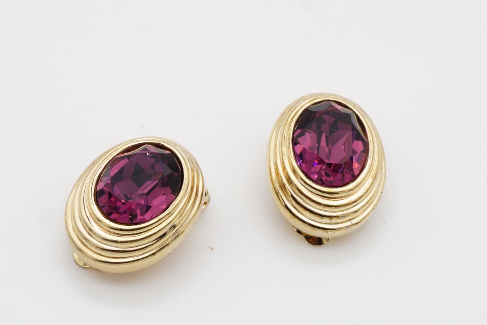 Christian Dior Vintage 1980 Textured Oval Amethyst Purple Crystal Clip Earrings For Sale 4