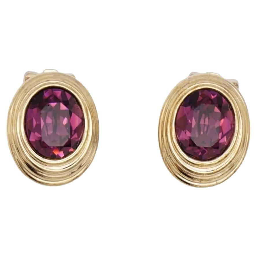 Christian Dior Vintage 1980 Textured Oval Amethyst Purple Crystal Clip Earrings