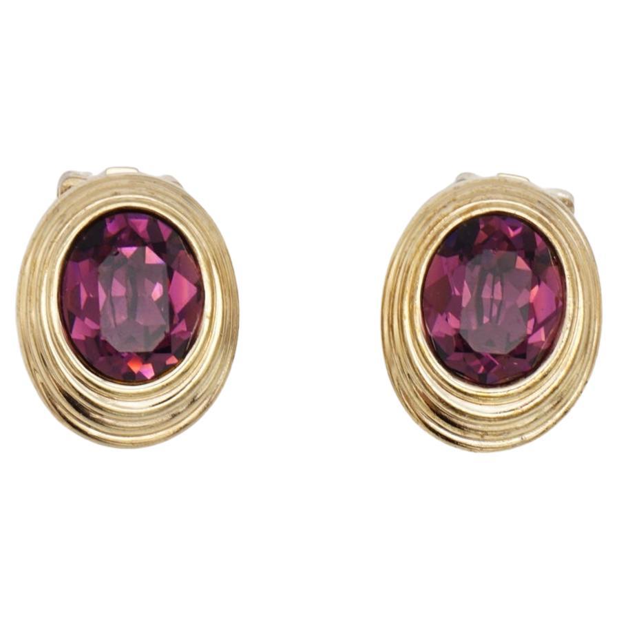 Christian Dior Vintage 1980 Textured Oval Amethyst Purple Crystal Clip Earrings For Sale