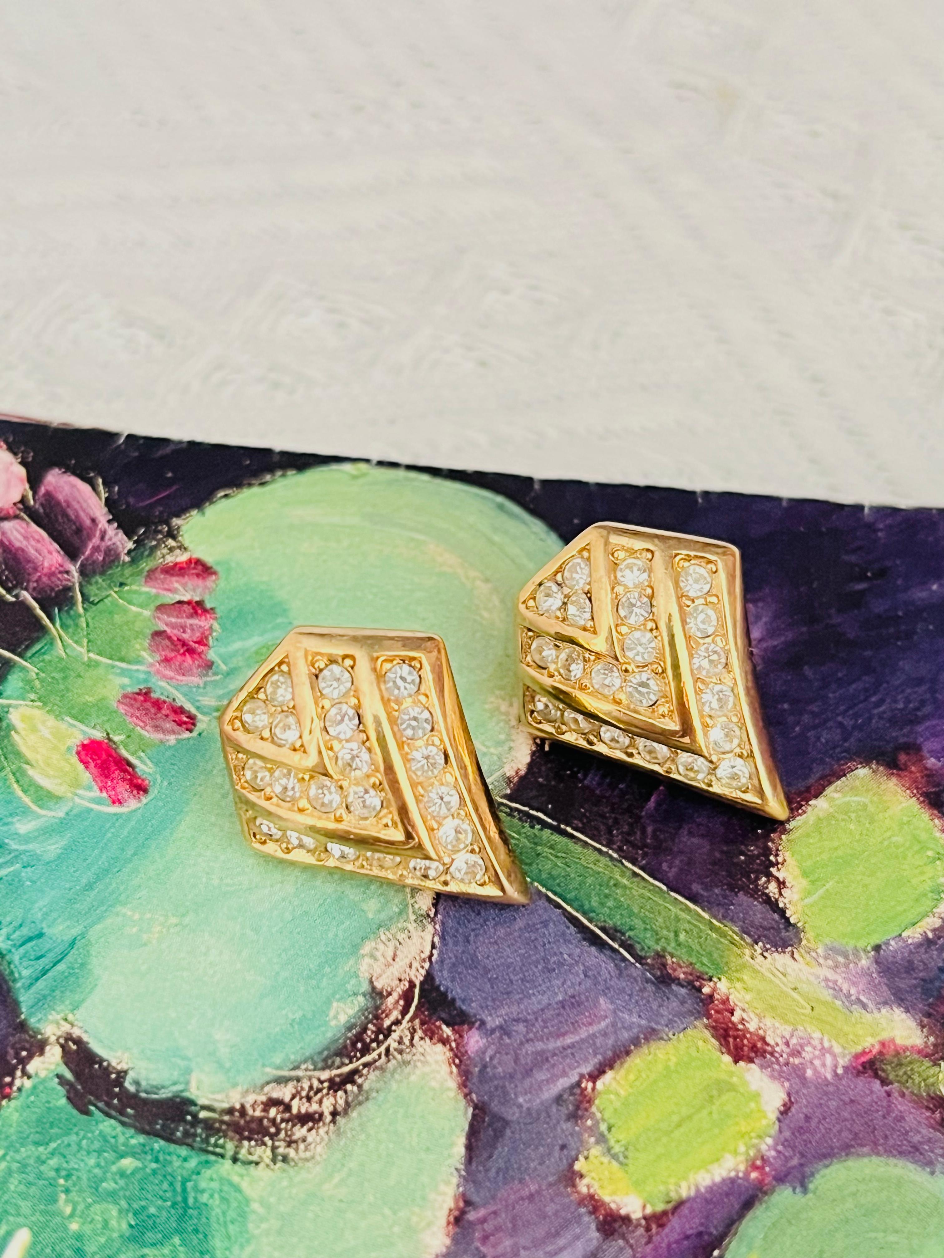 Art Deco Christian Dior Vintage 1980 Triangle Trio V Sparkling Crystals Pierced Earrings For Sale