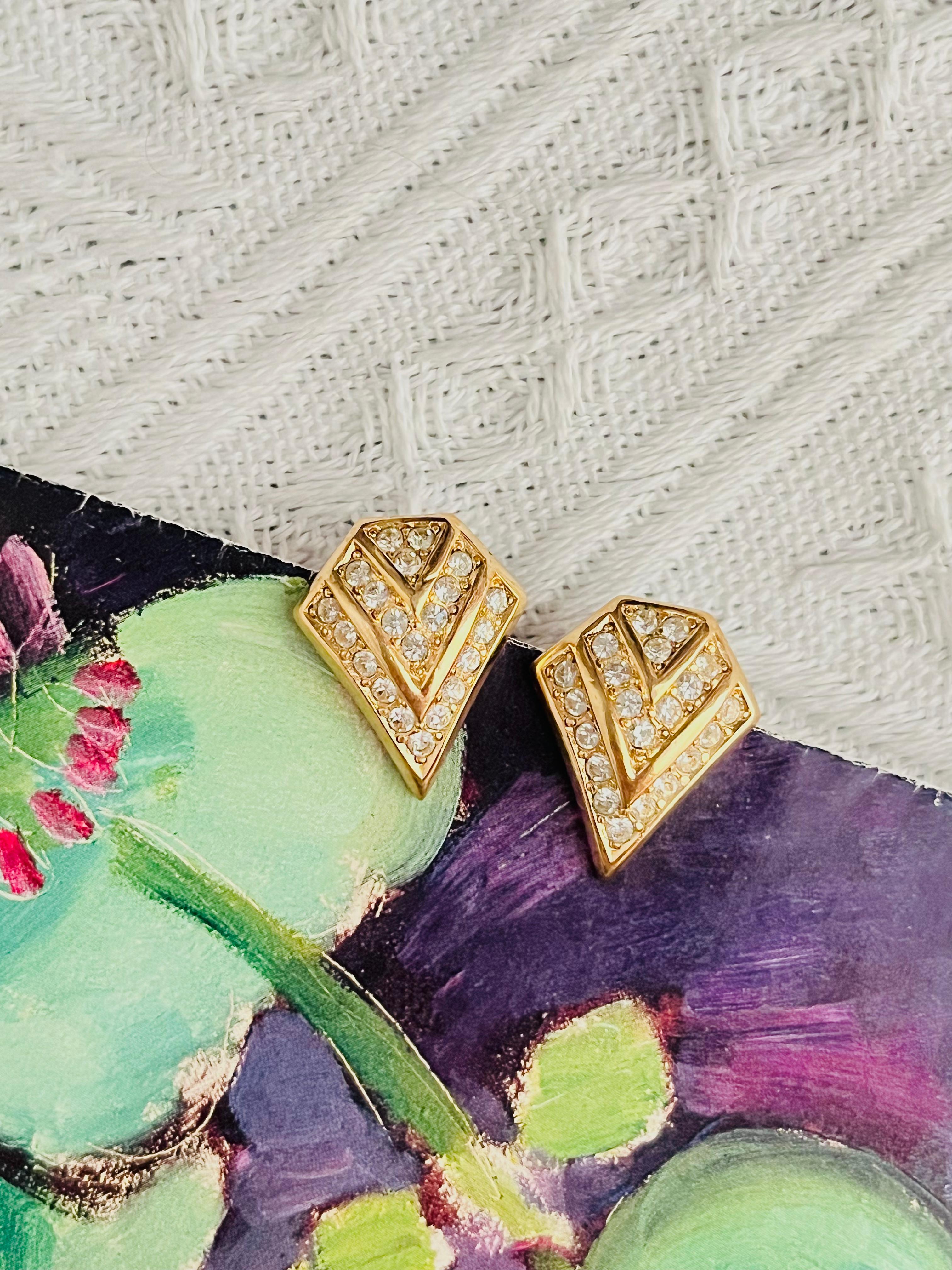 Art Deco Christian Dior Vintage 1980 Triangle Trio V Sparkling Crystals Pierced Earrings For Sale