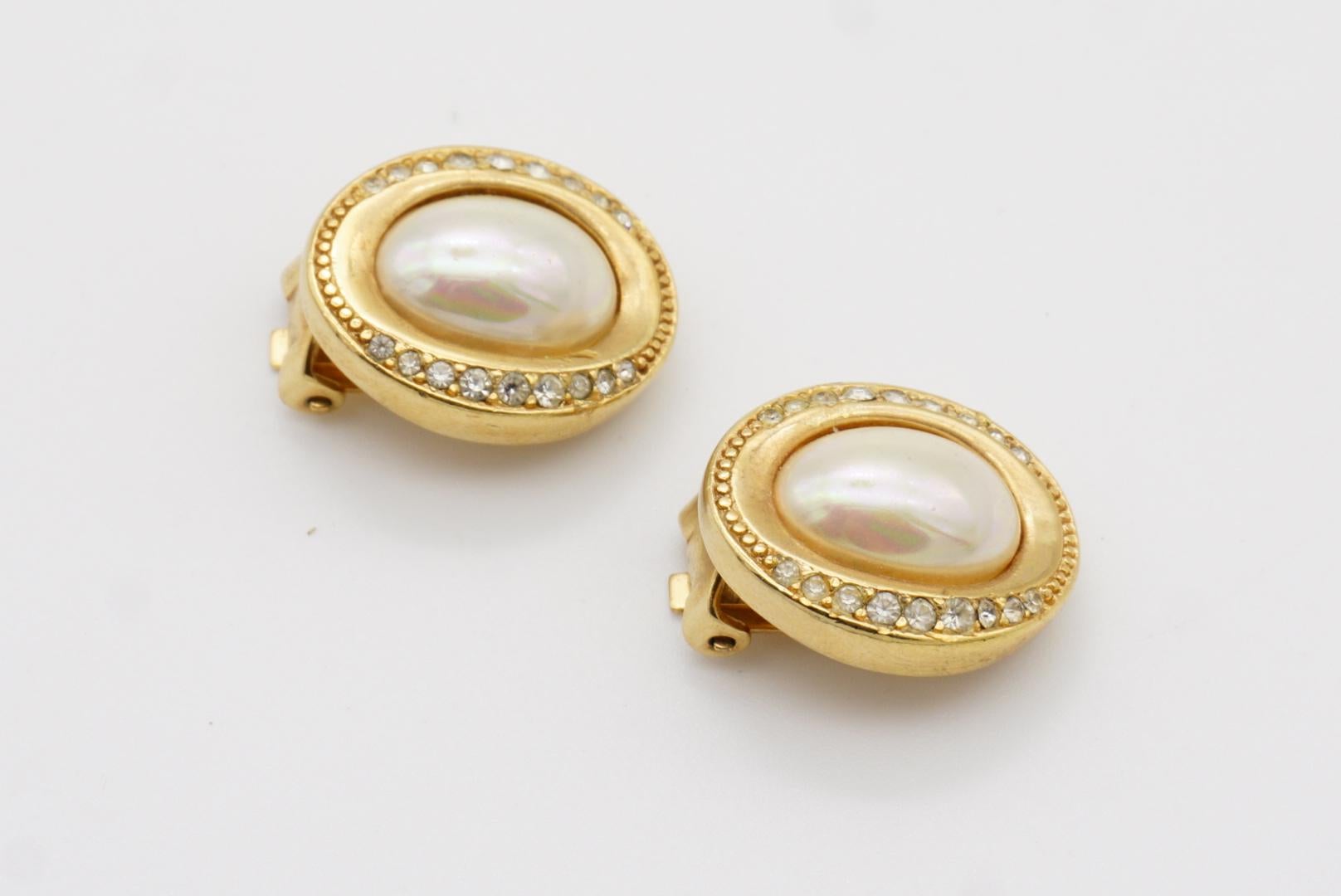 Christian Dior Vintage 1980 White Aurora Oval Pearl Crystals Gold Clip Earrings For Sale 5