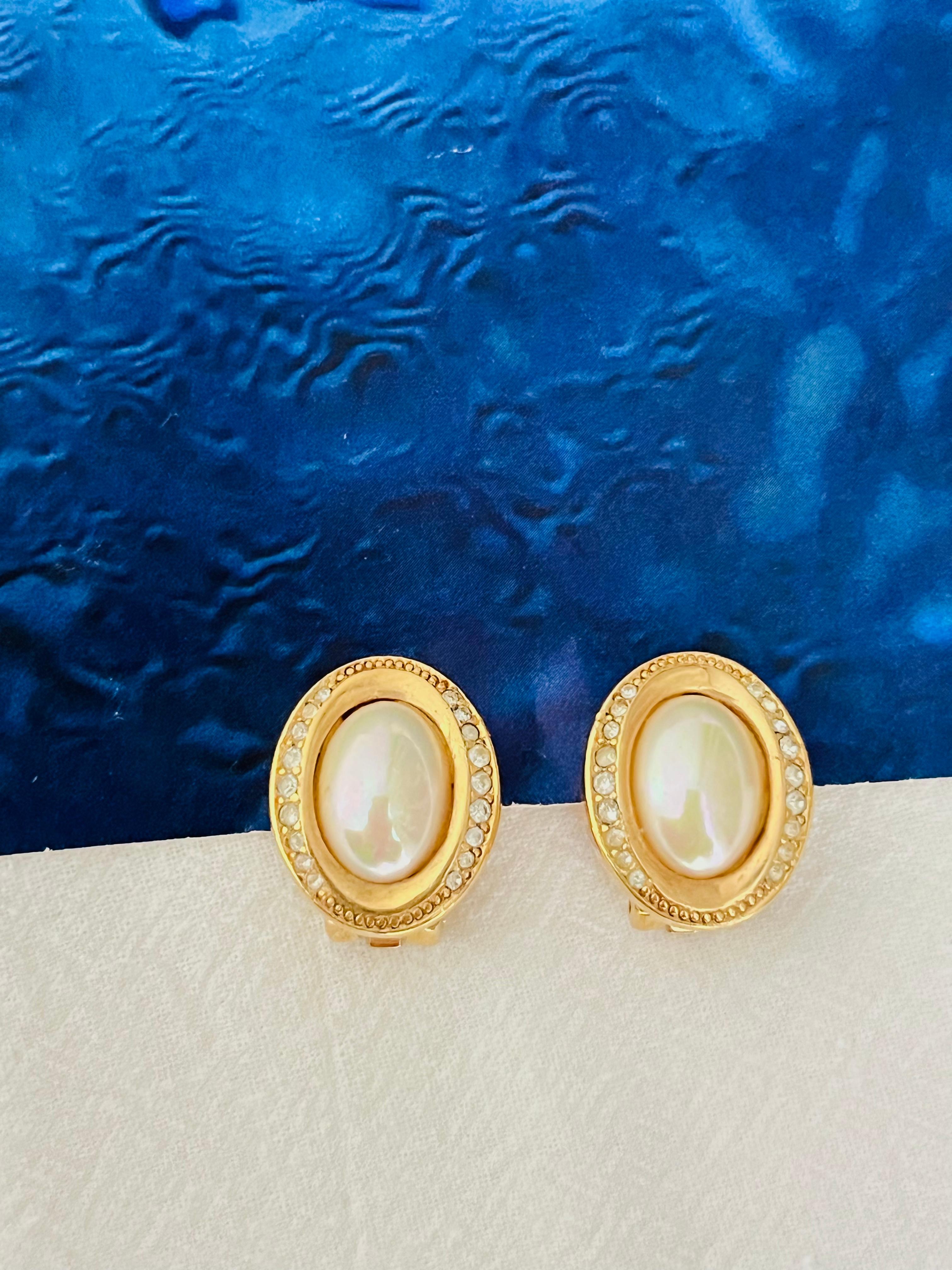 Art Deco Christian Dior Vintage 1980 White Aurora Oval Pearl Crystals Gold Clip Earrings For Sale