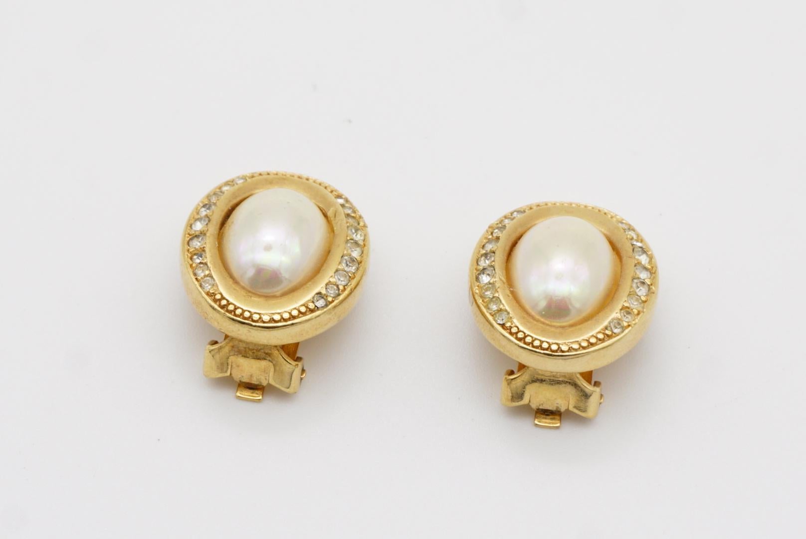 Christian Dior Vintage 1980 White Aurora Oval Pearl Crystals Gold Clip Earrings For Sale 4