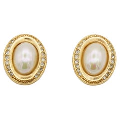 Christian Dior Vintage 1980 White Aurora Oval Pearl Crystals Gold Clip Earrings