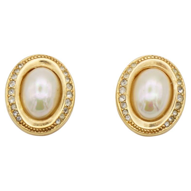 Christian Dior Vintage 1980 White Aurora Oval Pearl Crystals Gold Clip Earrings