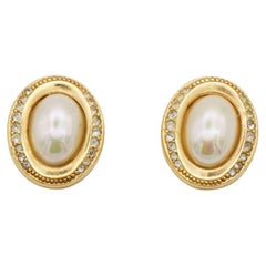Christian Dior Vintage 1980 White Aurora Oval Pearl Crystals Gold Clip Earrings