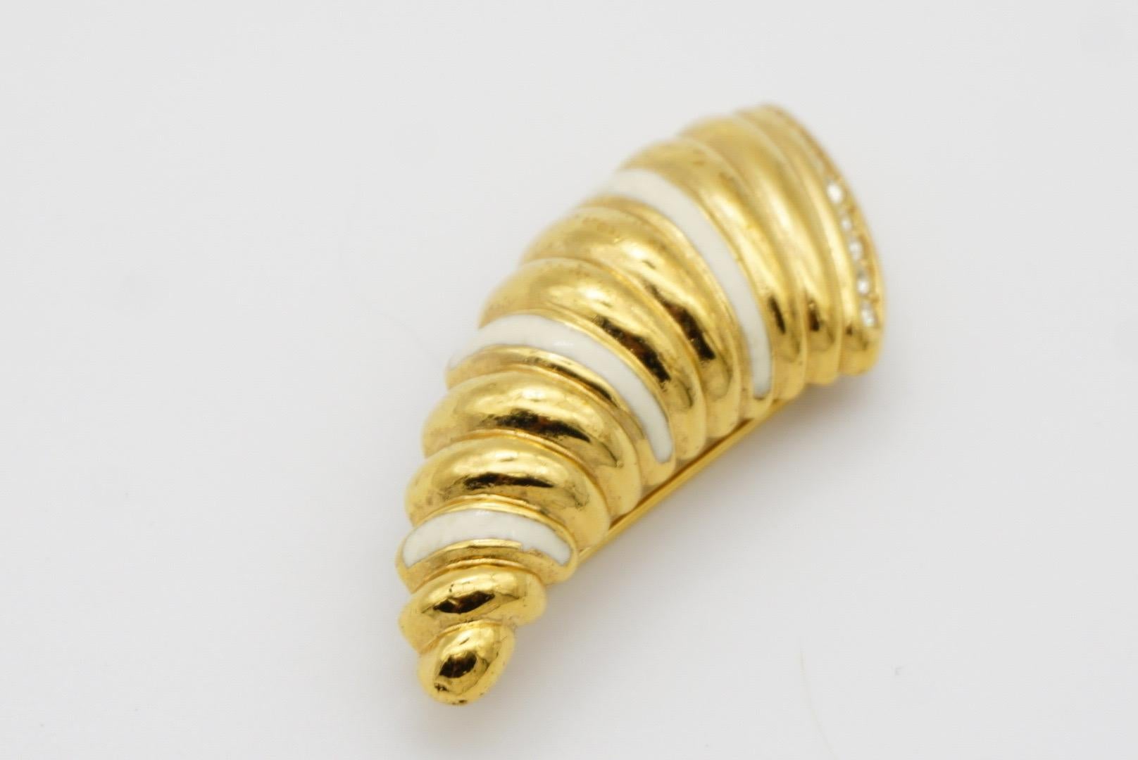 Christian Dior Vintage 1980 White Enamel Crystals Ribbed Horn Shell Gold Brooch 11