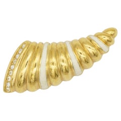 Christian Dior Retro 1980 White Enamel Crystals Ribbed Horn Shell Gold Brooch