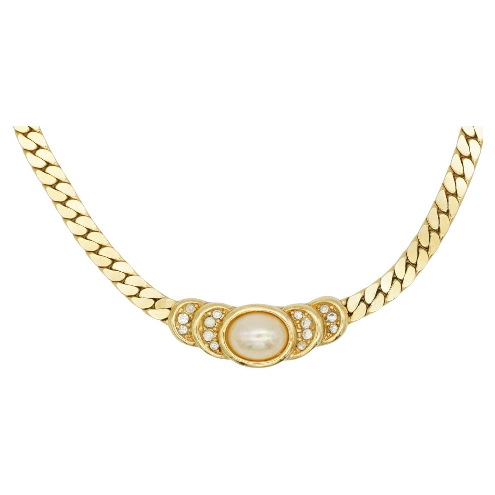 Christian Dior Vintage 1980 White Oval Pearl Gold Semi Circle Crystals Necklace For Sale