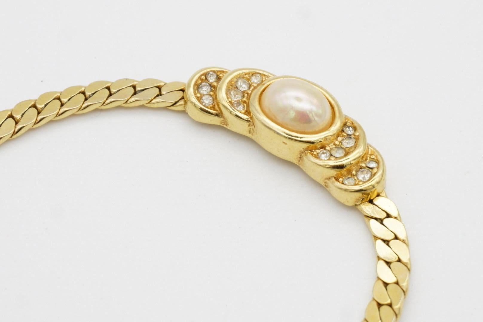 Christian Dior Vintage 1980 White Oval Pearl Semi Circle Crystals Gold Necklace 5