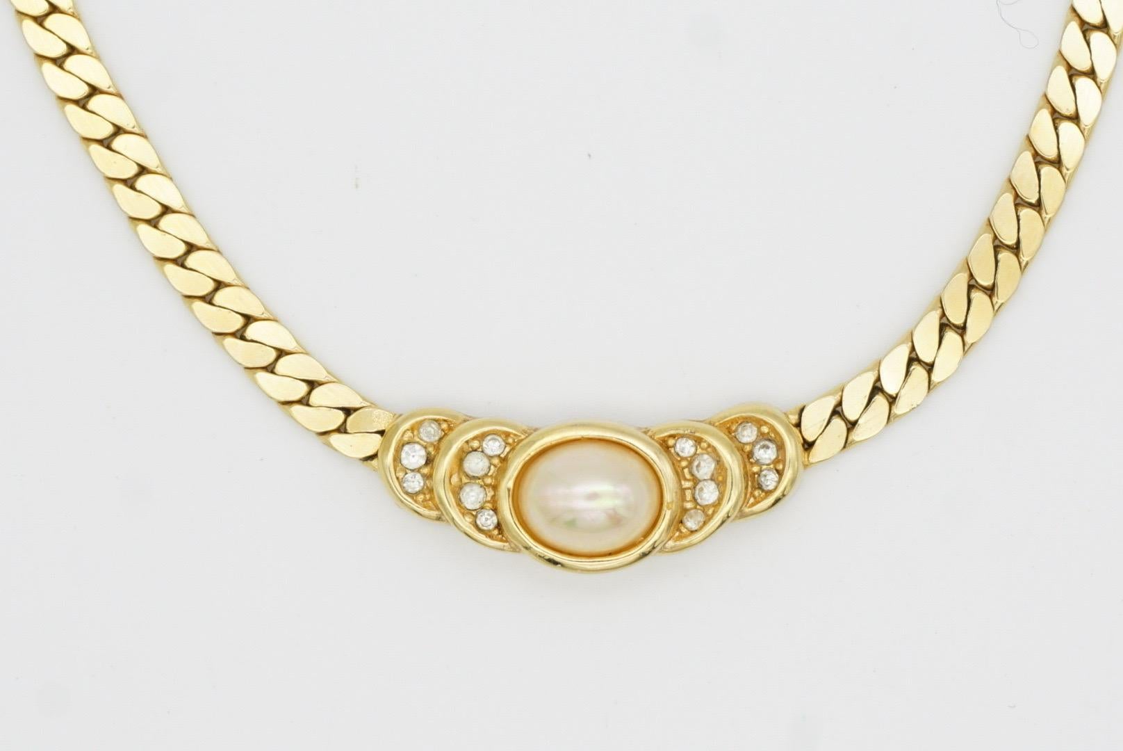 Christian Dior Vintage 1980 White Oval Pearl Semi Circle Crystals Gold Necklace 3