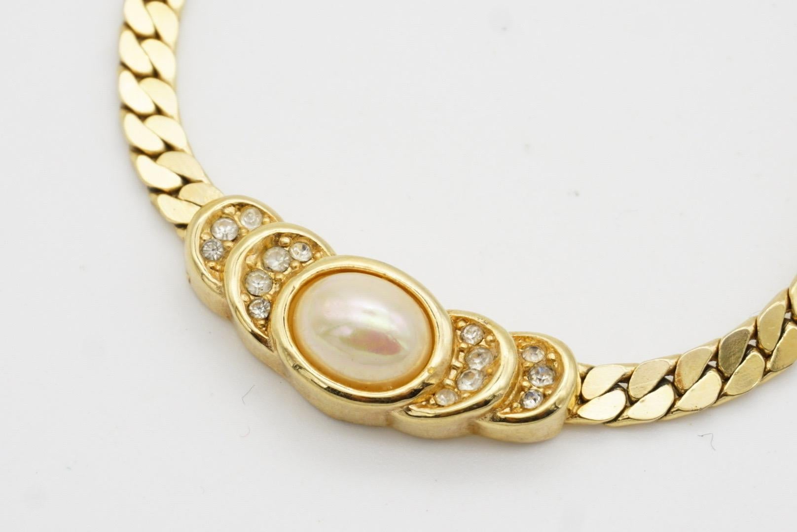 Christian Dior Vintage 1980 White Oval Pearl Semi Circle Crystals Gold Necklace 4