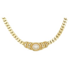 Christian Dior Vintage 1980 White Oval Pearl Semi Circle Crystals Gold Necklace