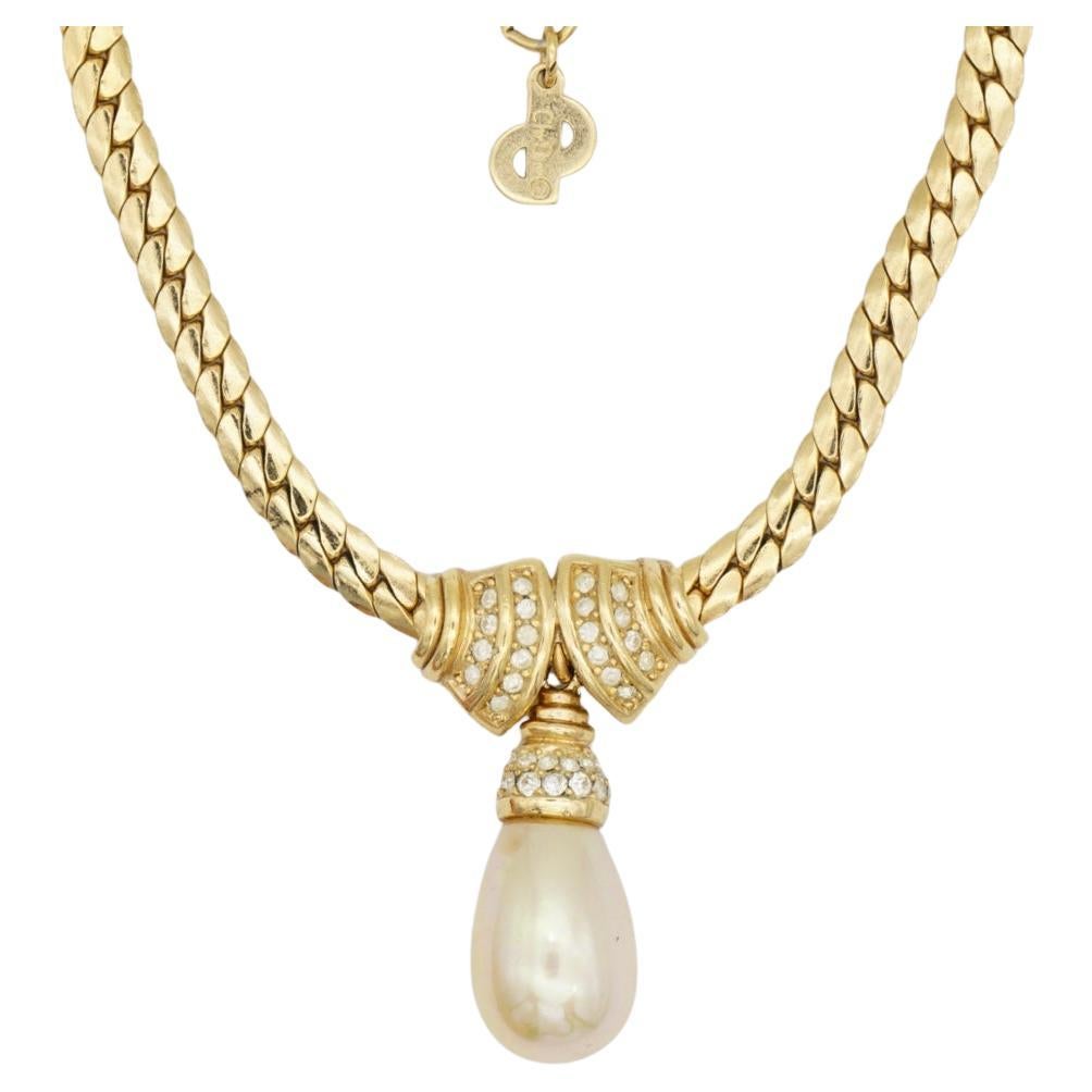 Christian Dior Vintage 1980 White Pearl Crystals Double Fan Water Drop Necklace