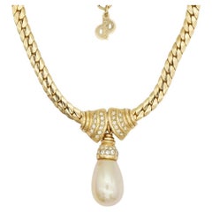 Christian Dior Vintage 1980 White Pearl Crystals Double Fan Water Drop Necklace
