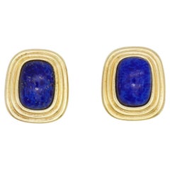 Christian Dior Vintage 1980s AB Textured Navy Lapis Cabochon Rectangle Earrings
