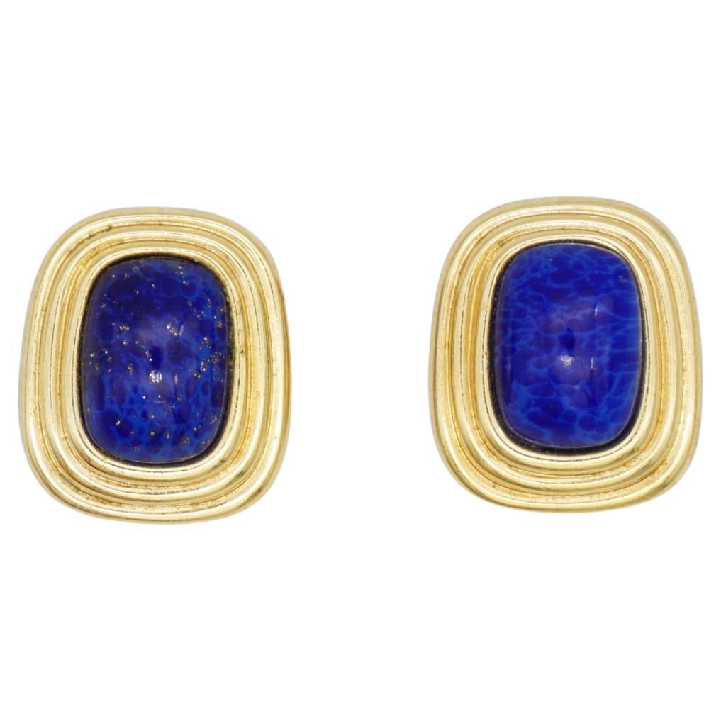 Christian Dior Vintage 1980s AB Textured Navy Lapis Cabochon Rectangle Earrings For Sale