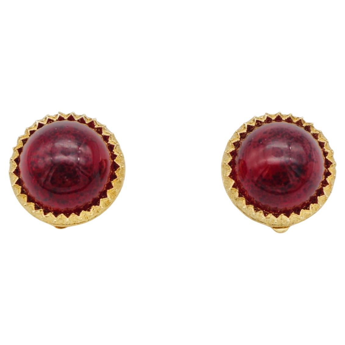 Christian Dior Vintage 1980s Agate Burgundy Red Clear Round Gold Clip Earrings For Sale