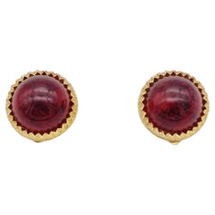 Christian Dior Vintage 1980s Agate Burgundy Red Clear Round Gold Clip Earrings