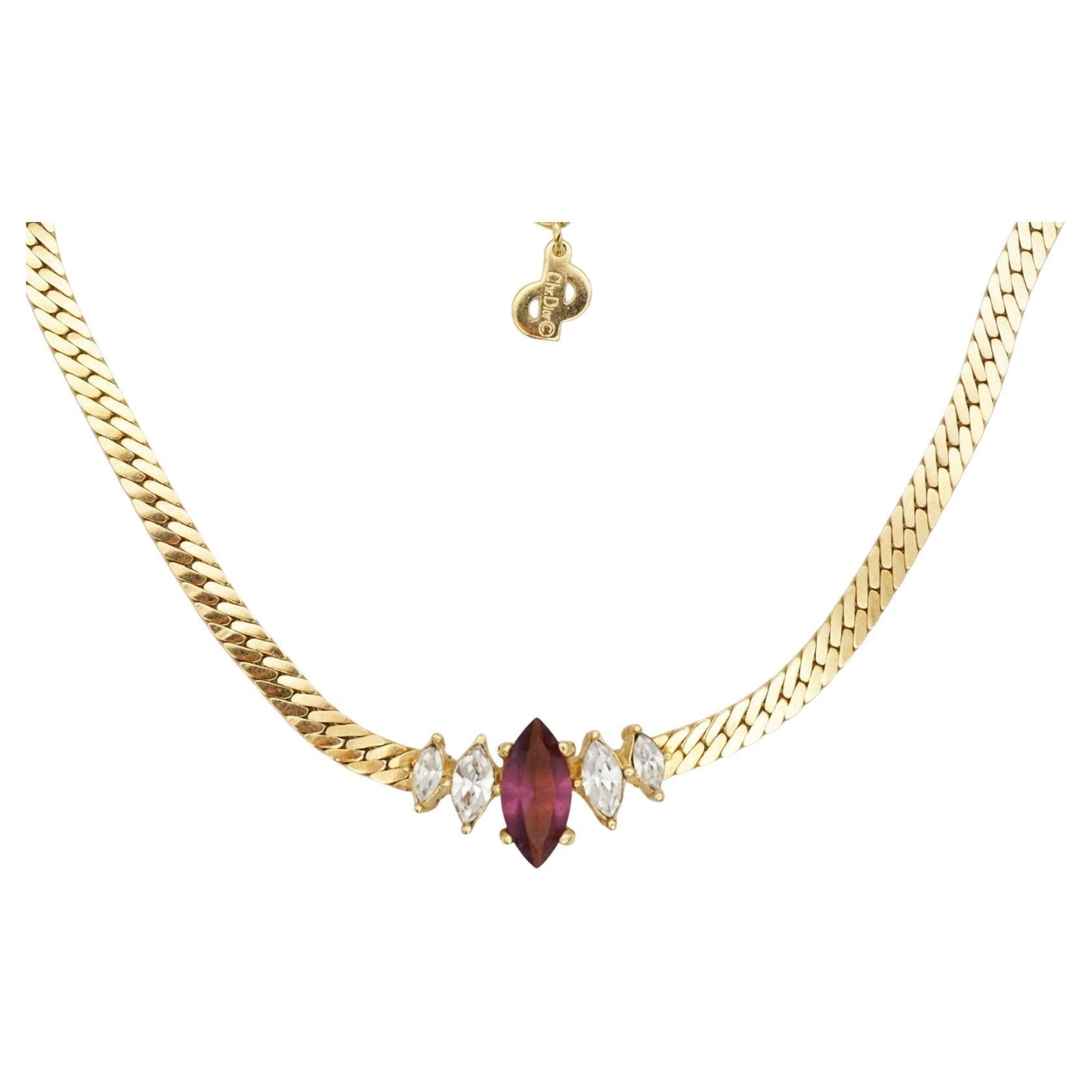 Christian Dior Vintage 1980s Symmetric Amethyst Purple Clear Crystals Marquise Tear Water Drop Pendant Elegant Necklace, Gold Plated

Very excellent condition. Not any colour loss except the clasp. Marked 'Chr.Dior (C) '. 100% Genuine. 

Unique