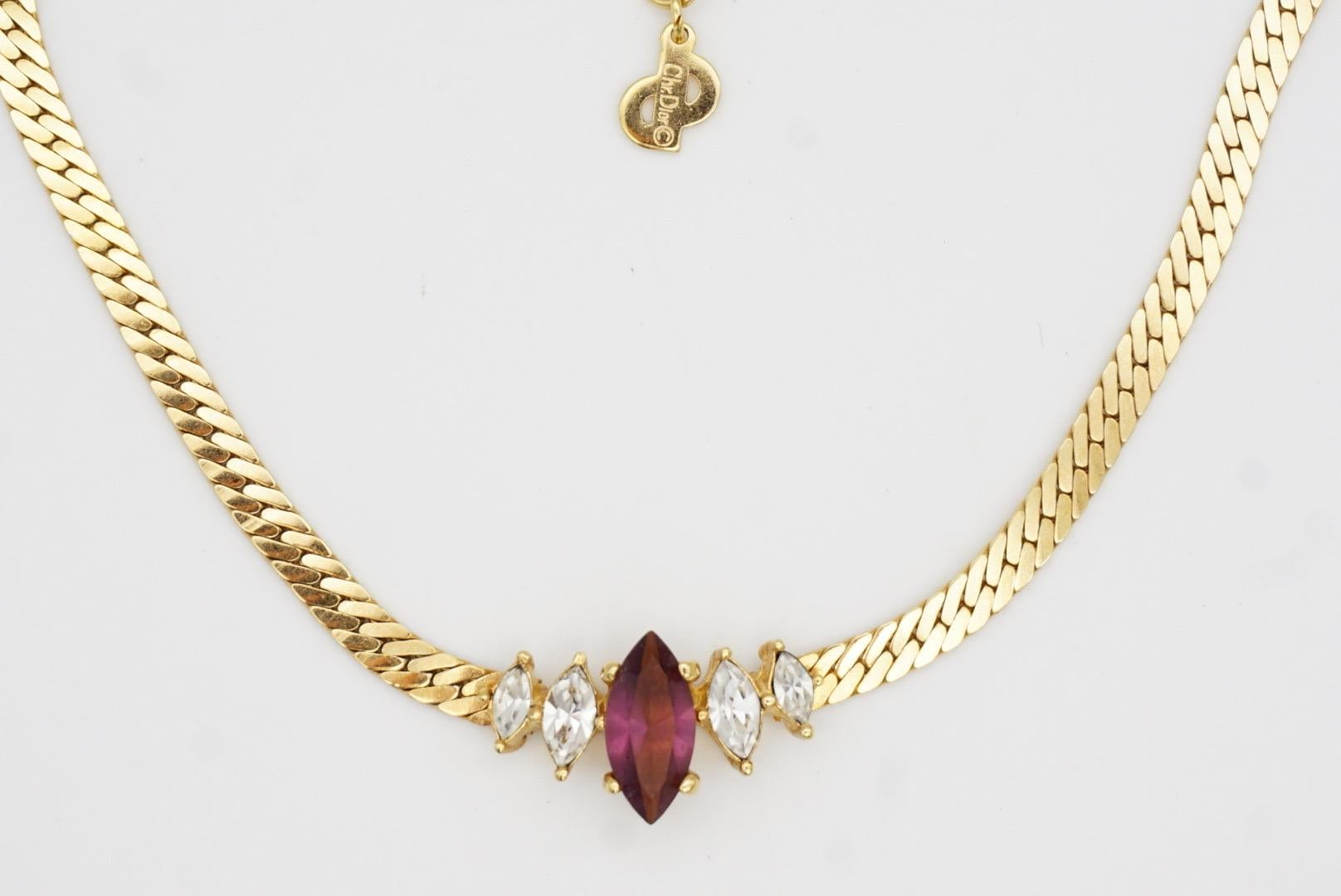 Christian Dior Vintage 1980s Amethyst Clear Crystals Marquise Pendant Necklace For Sale 3