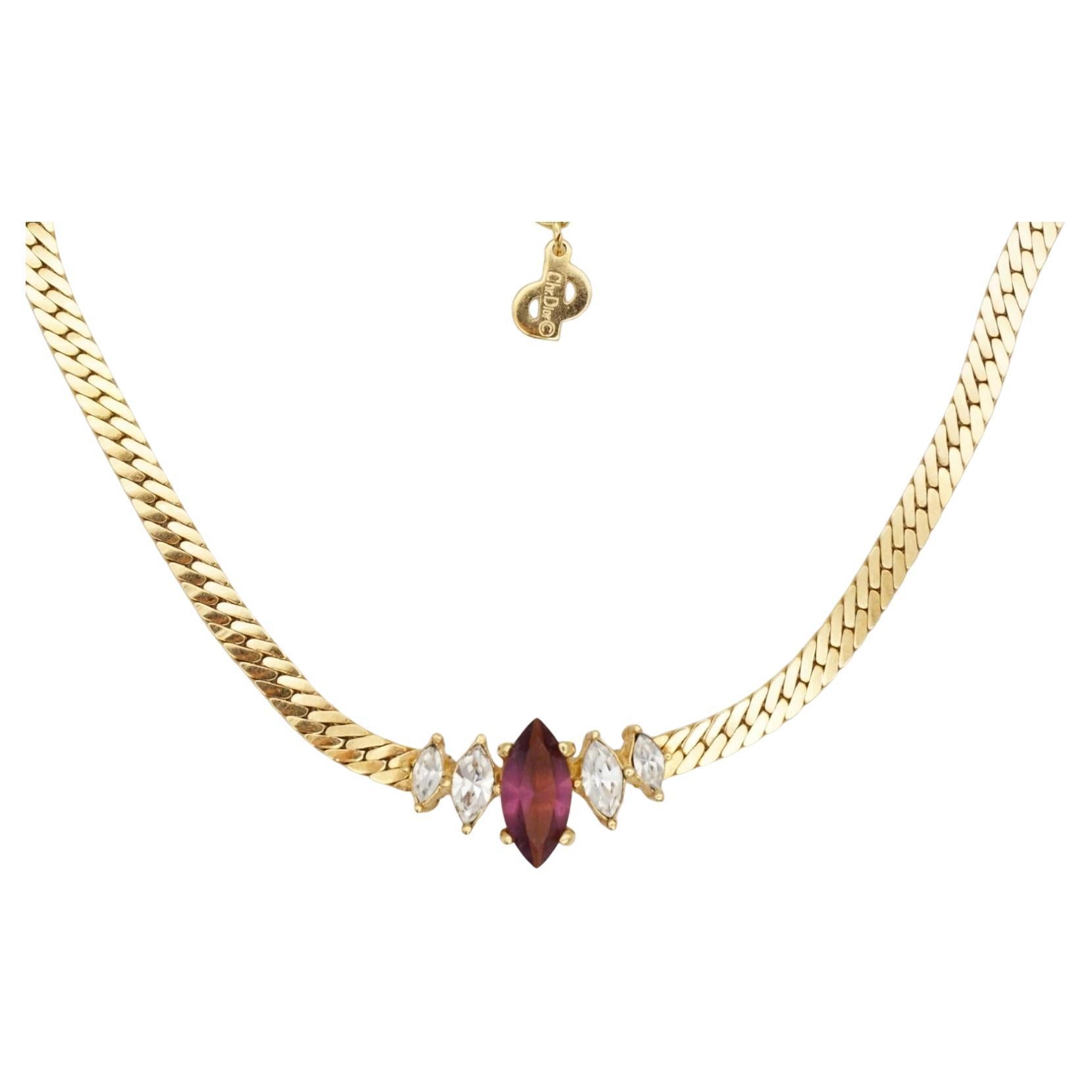 Christian Dior Vintage 1980s Amethyst Clear Crystals Marquise Pendant Necklace For Sale