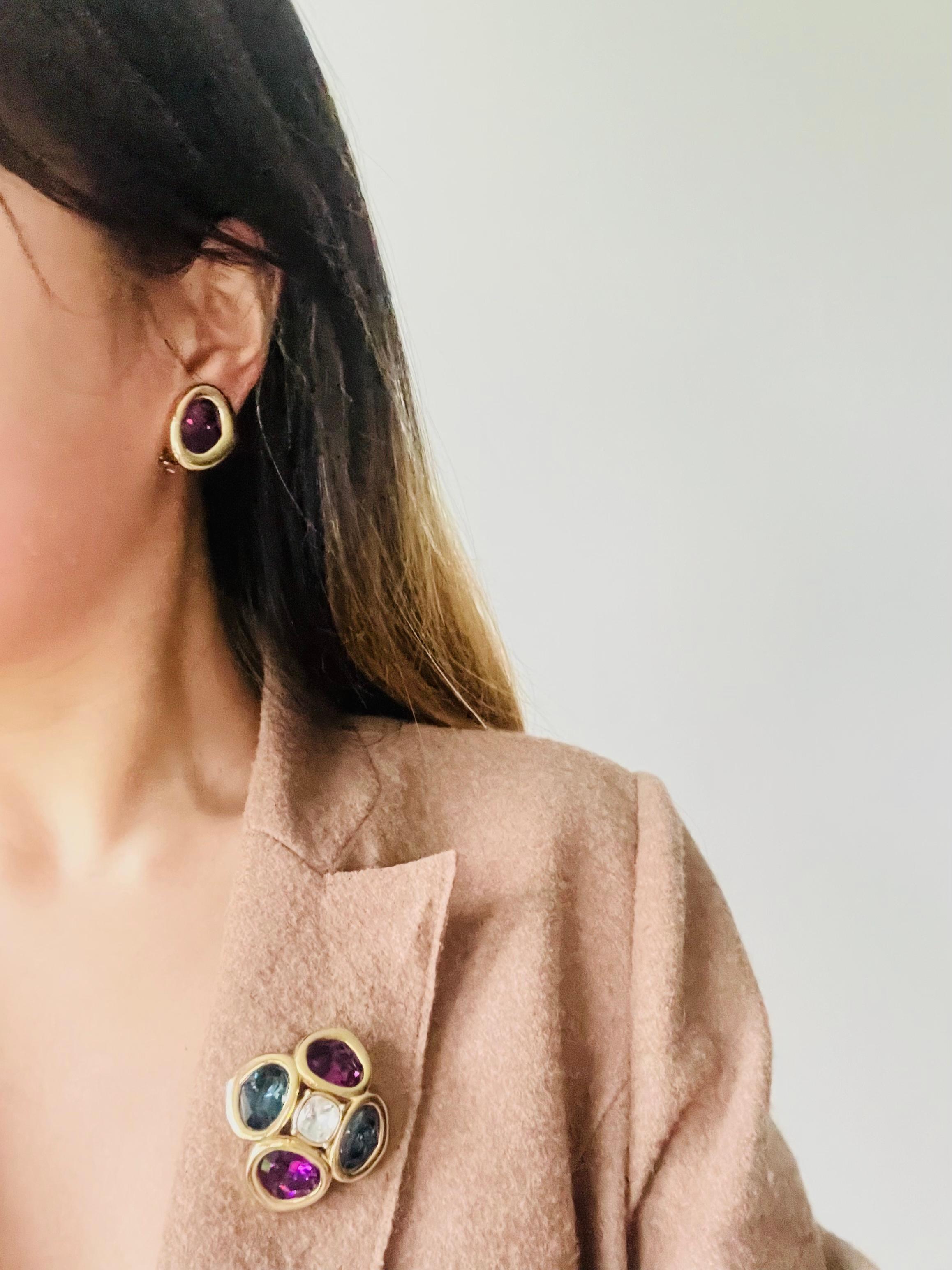 Christian Dior Vintage 1980s Amethyst Crystal Heart Triangle Oval Clip Earrings For Sale 3