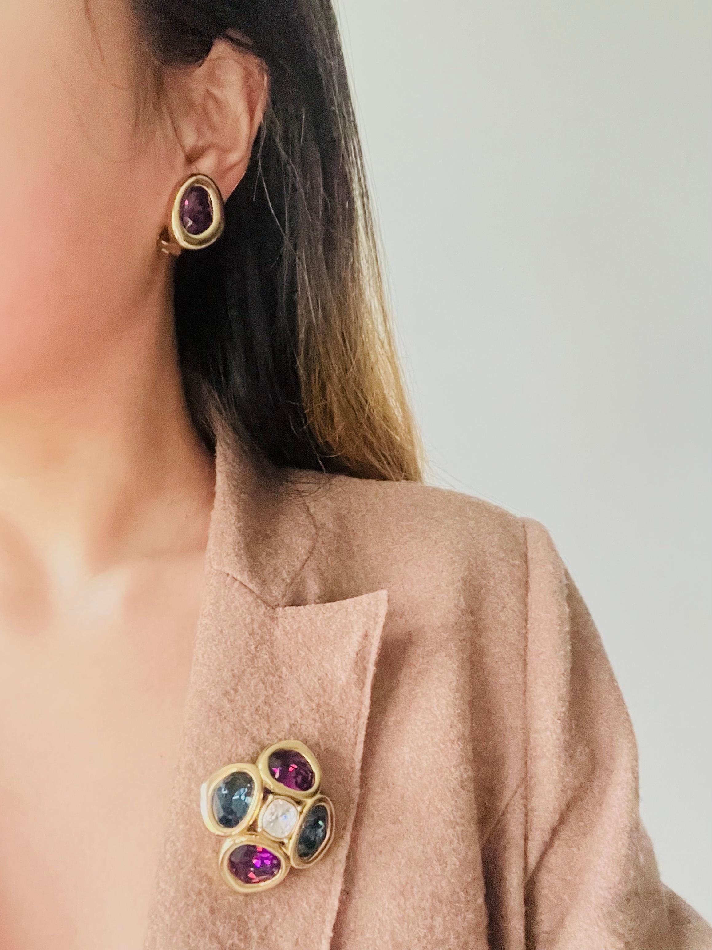 Christian Dior Vintage 1980s Amethyst Crystal Heart Triangle Oval Clip Earrings For Sale 4