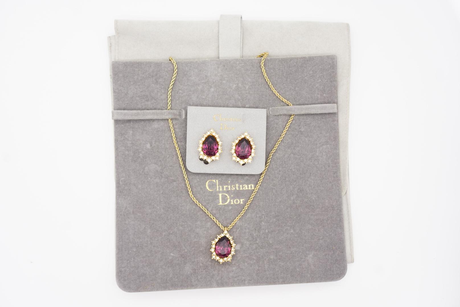 Christian Dior Vintage 1980s Amethyst Crystals Water Drop Set Necklace Earrings For Sale 7