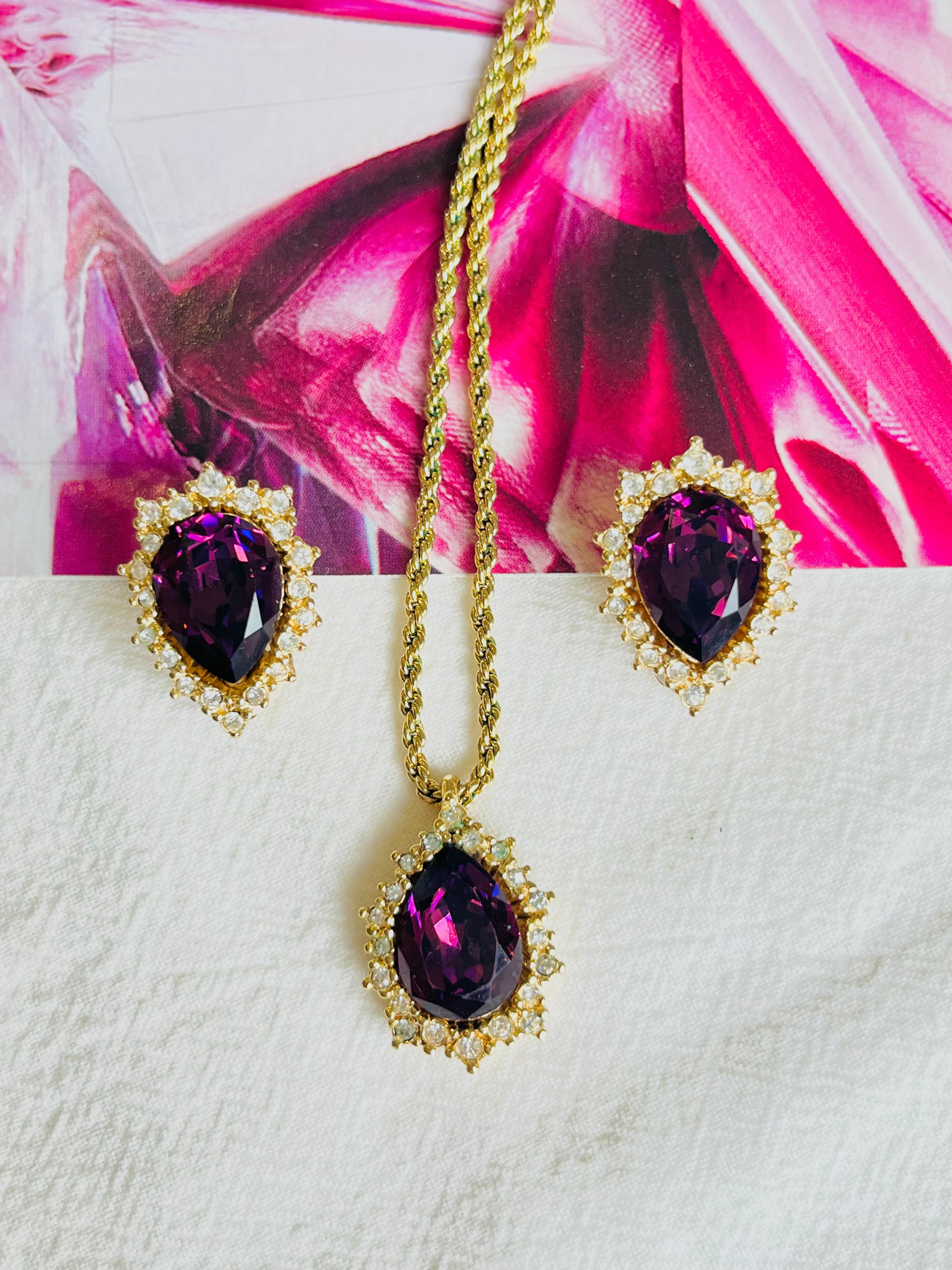 Art Deco Christian Dior Vintage 1980s Amethyst Crystals Water Drop Set Necklace Earrings For Sale