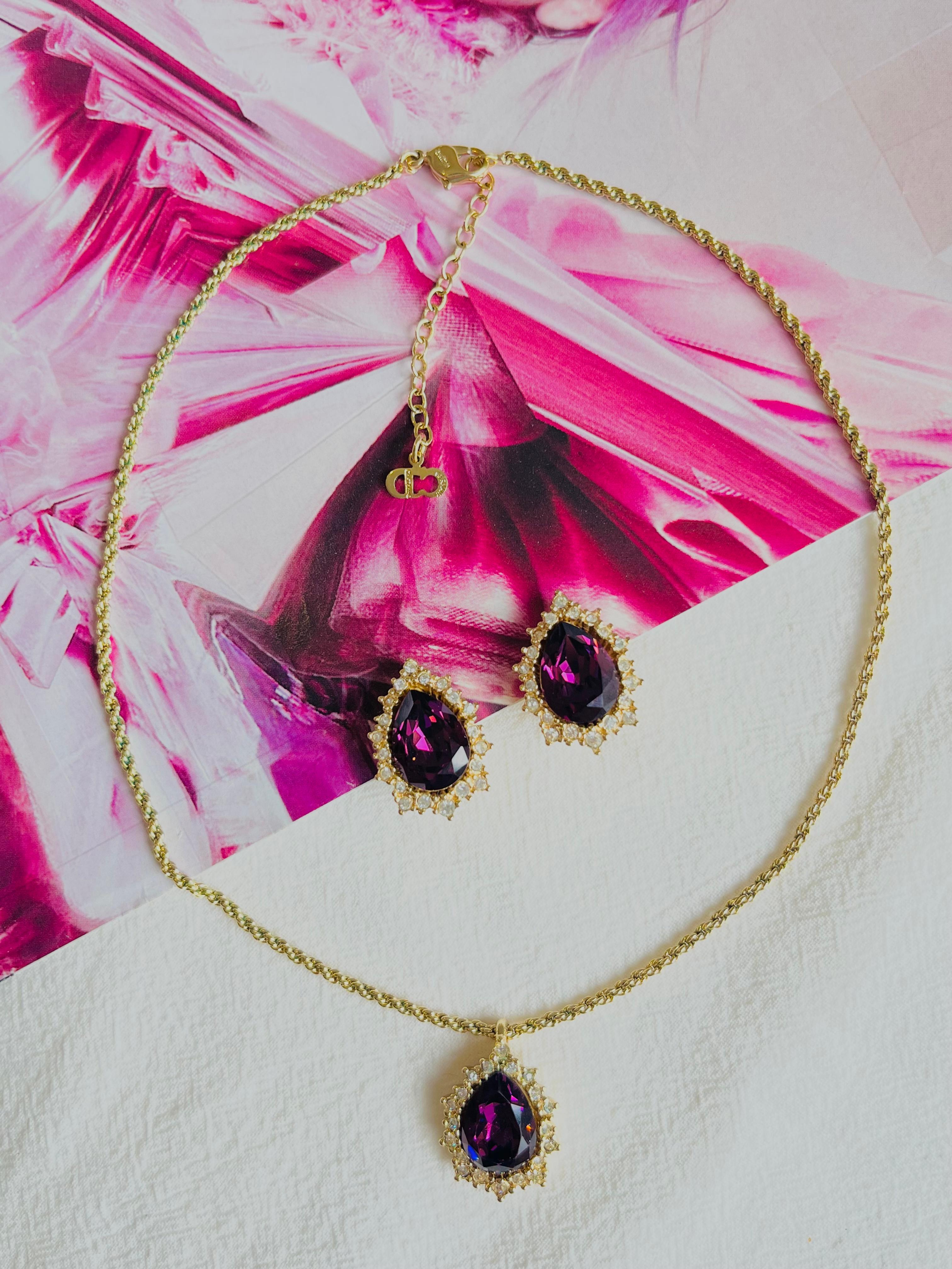 Christian Dior Vintage 1980s Amethyst Crystals Water Drop Set Necklace Earrings In Excellent Condition For Sale In Wokingham, England