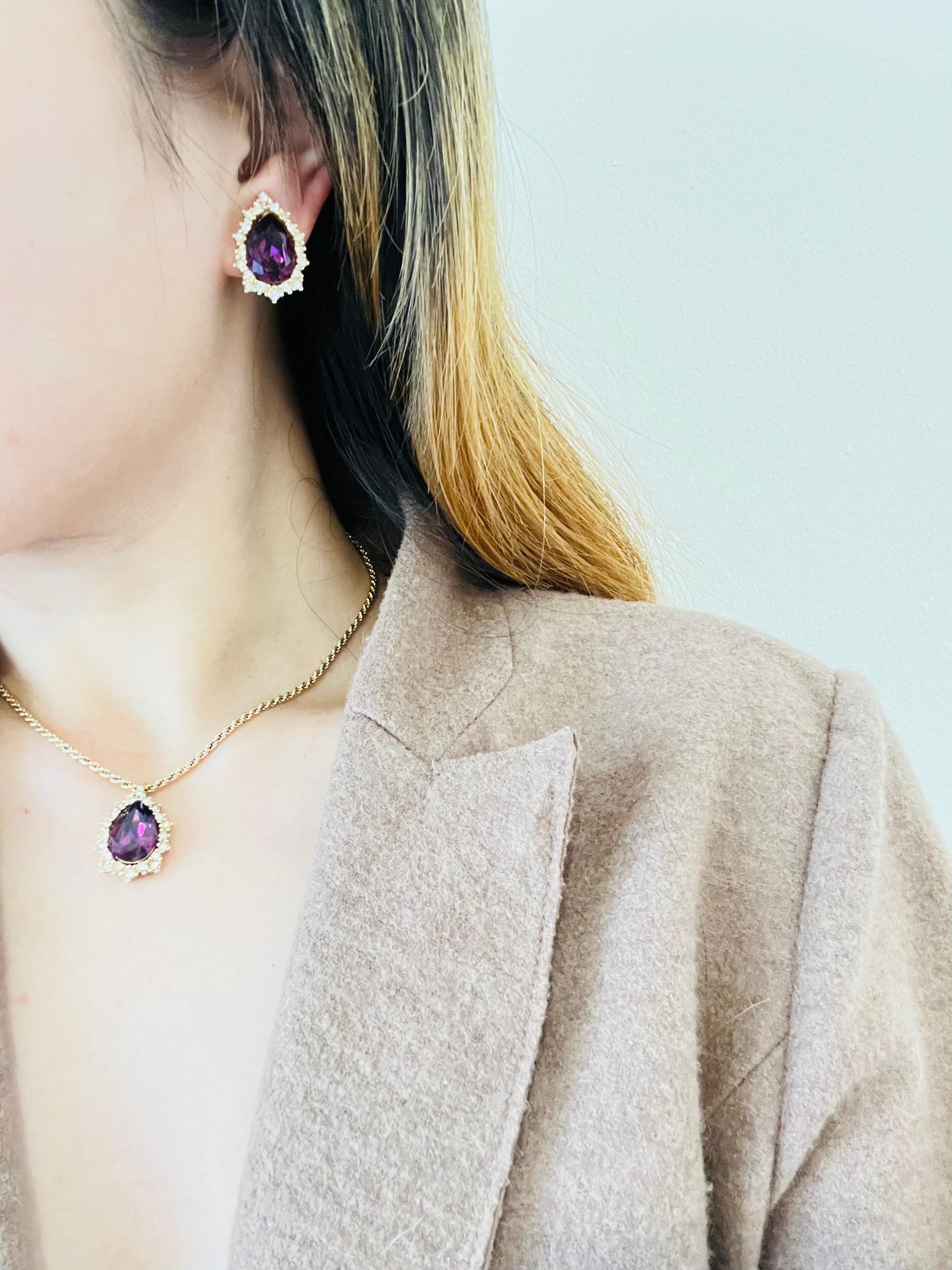Christian Dior Vintage 1980s Amethyst Crystals Water Drop Set Necklace Earrings For Sale 4