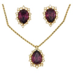 Christian Dior Vintage 1980s Amethyst Crystals Water Drop Set Necklace Earrings