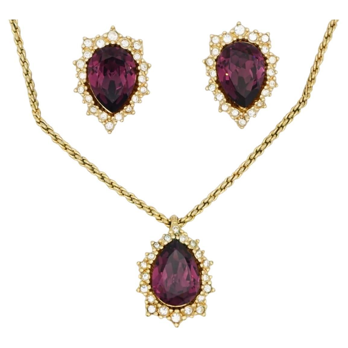 Christian Dior Vintage 1980s Amethyst Crystals Water Drop Set Necklace Earrings For Sale