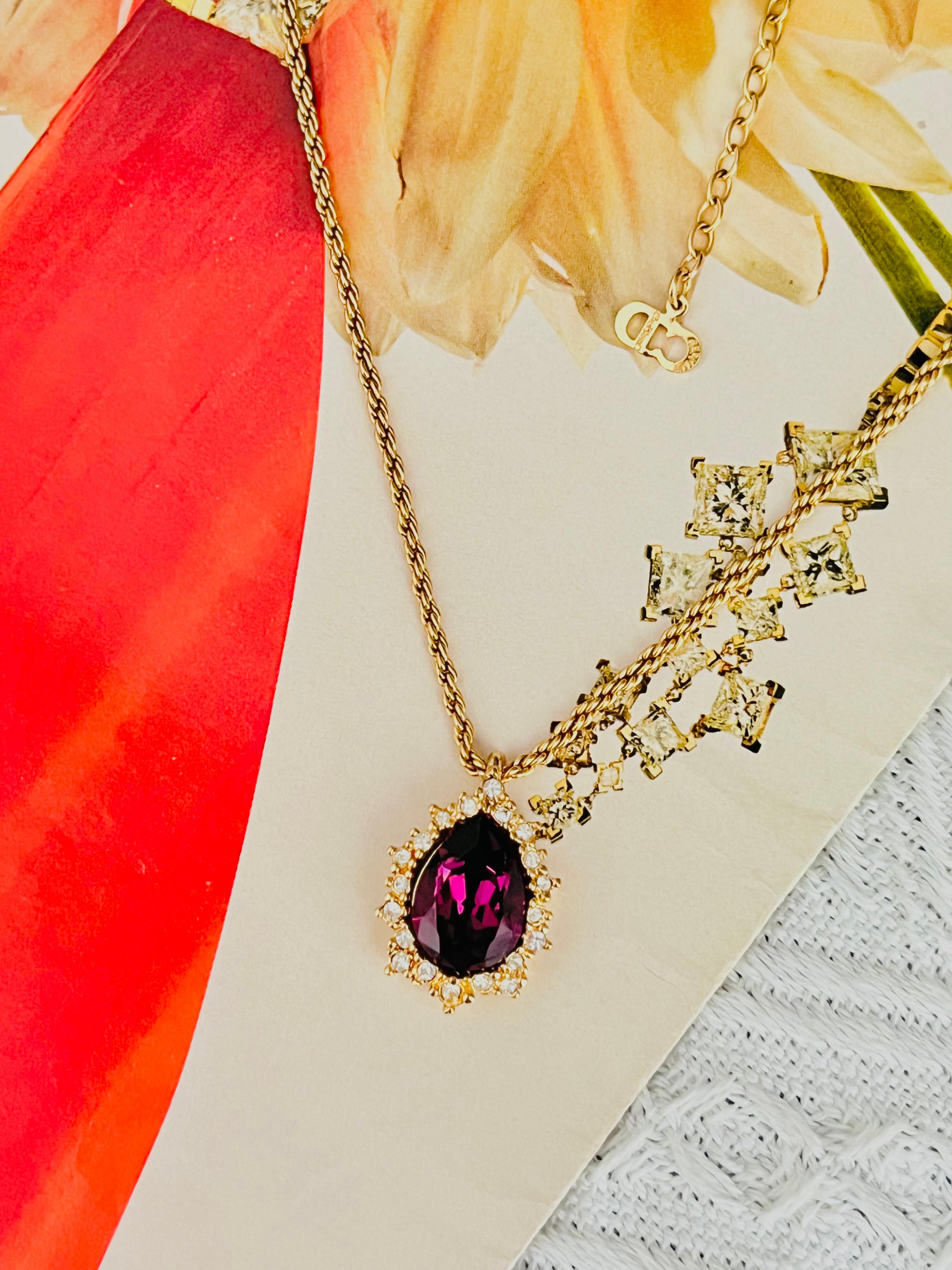 Art Deco Christian Dior Vintage 1980s Amethyst Crystals Water Tear Drop Pendant Necklace For Sale