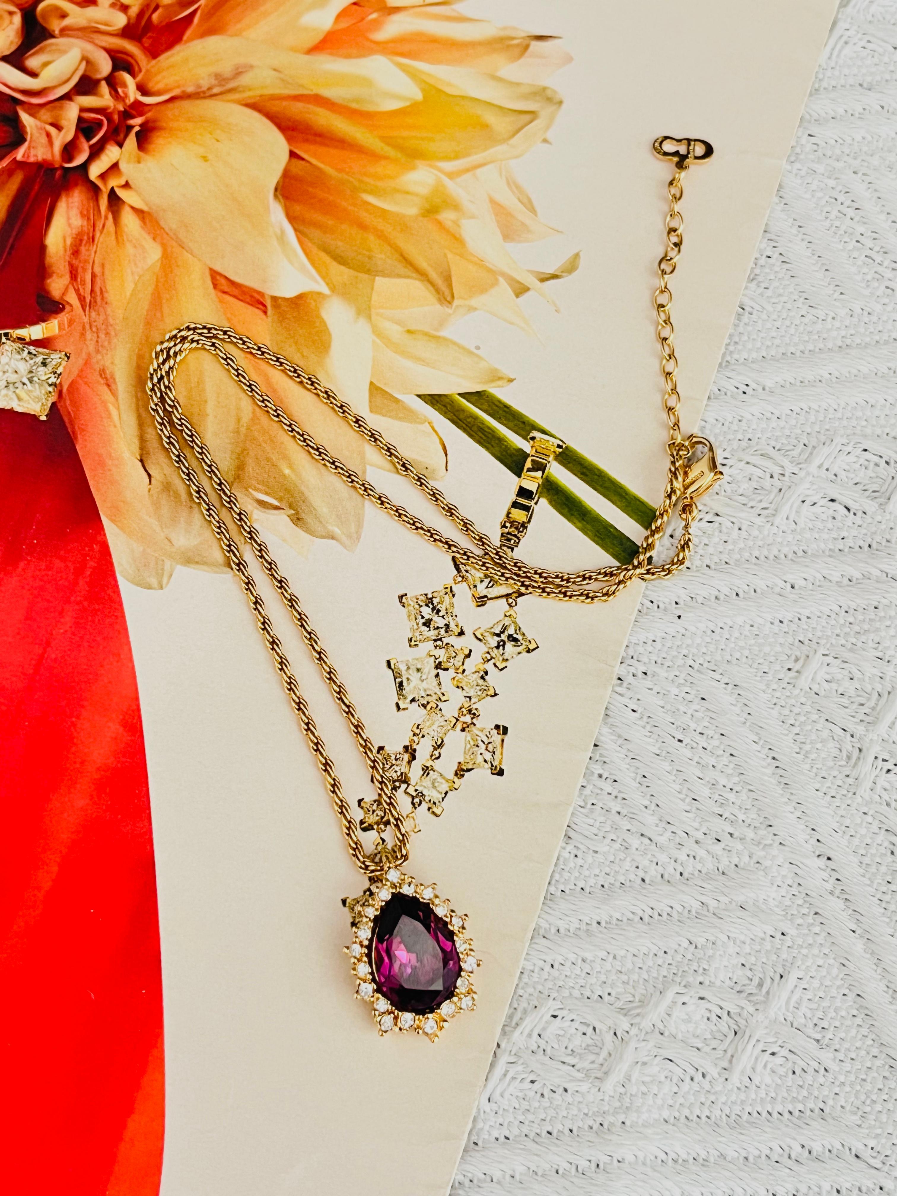 Christian Dior Vintage 1980s Amethyst Crystals Water Tear Drop Pendant Necklace In Excellent Condition For Sale In Wokingham, England