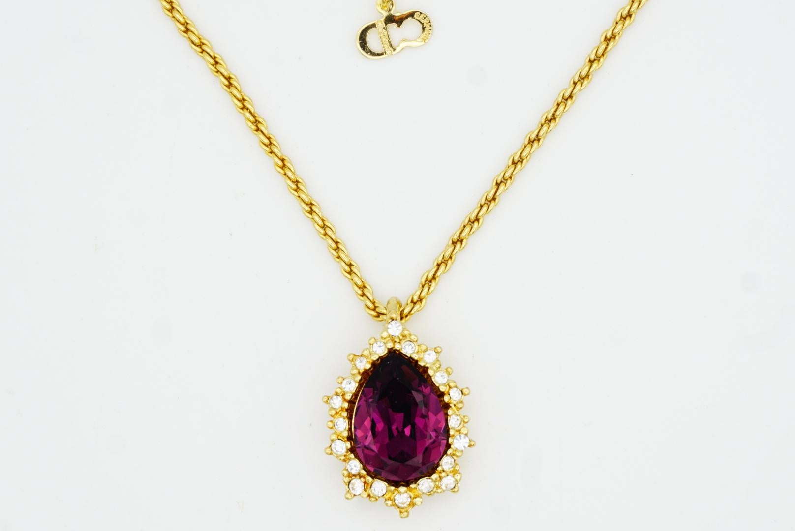Christian Dior Vintage 1980s Amethyst Crystals Water Tear Drop Pendant Necklace For Sale 3