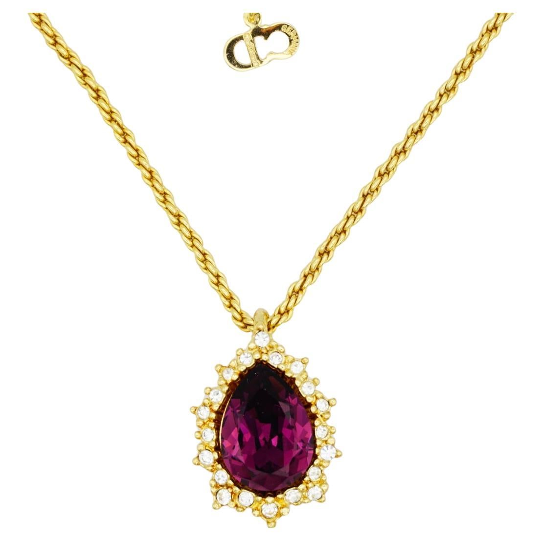 Christian Dior Vintage 1980s Amethyst Crystals Water Tear Drop Pendant Necklace For Sale